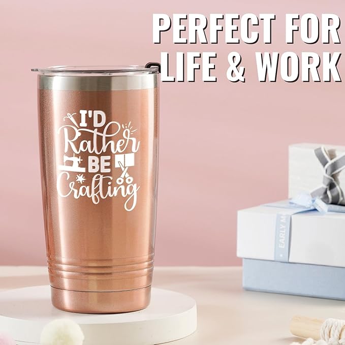 Onebttl Gifts for Crafters, Crafting Gifts for Women - Tumbler for Crafters, Female, Her - I'd Rather Be Crafting - 20oz/590ml Stainless Steel Insulated Tumbler with Straw & Lid - Rose Gold