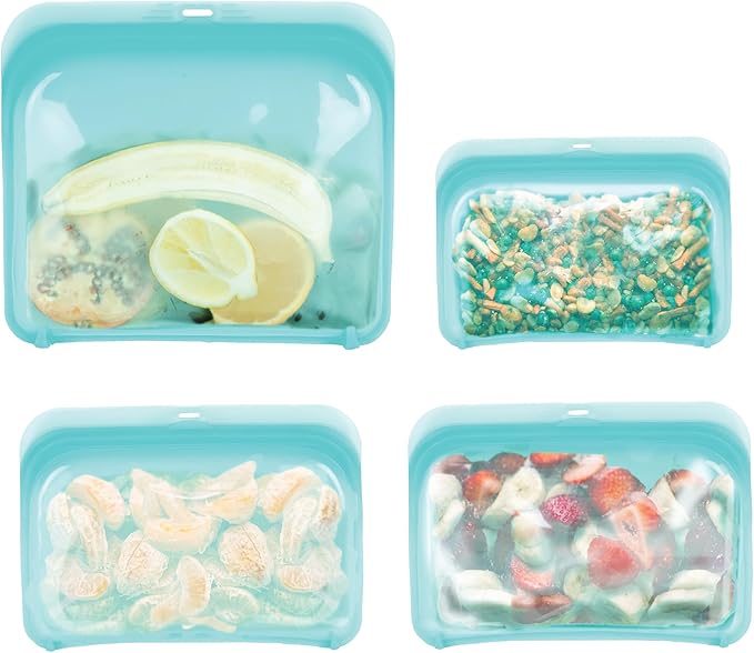 Zenlogy Reusable Silicone Snack Bag, Air-Tight Multi-Use, Freezer and Microwave Safe Food Storage Containers, Eco-Friendly alternative to plastic bags 4 Pack (1 Snack, 2 Sandwich, 1 Half Gallon Size)