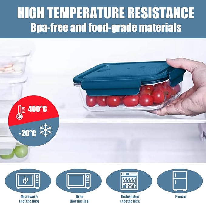 Glass Food Storage Containers 5 Pack,Three Sizes Glass Meal Prep Containers with Snap Lock Leakproof Lids,Lunch Box for Microwave,Freezer,Oven and Dishwasher