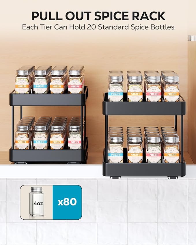 Nieifi Spice Rack Organizer for Cabinet, Vertical Spice Rack Pull Out, Easy to Install, Metal, 8.5''Wx10.35''Dx8.4''H, 2 Pack, 2 Tiers(Black)
