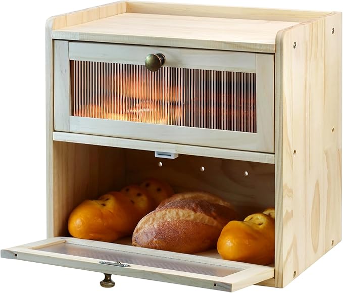 Bread Box for Kitchen Countertop, 2 Layer Large Capacity Wooden Bread Storage Container with Clear Wavy Acrylic Window Breadbox Holder Keeper Farmhouse Food Organizer for Christmas Xmas Gift
