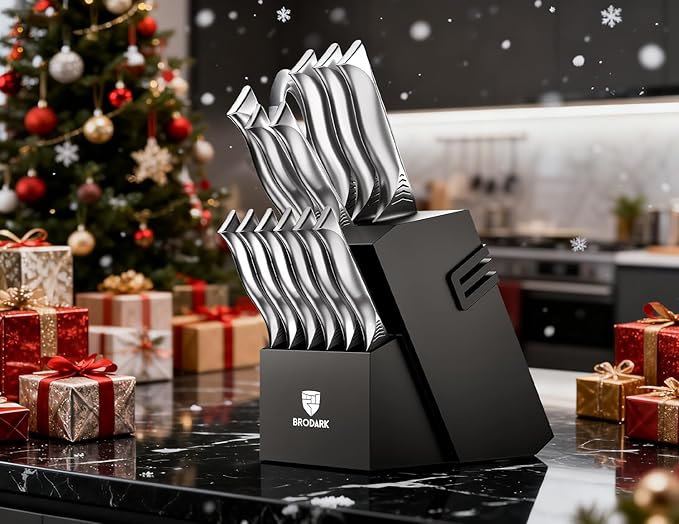 BRODARK Kitchen Knife Set with Block - 15-Piece Knife Block Set with Built-in Sharpener - High Carbon Stainless Steel Kitchen Knives Set for Kitchen - Christmas Gift, Shark Series