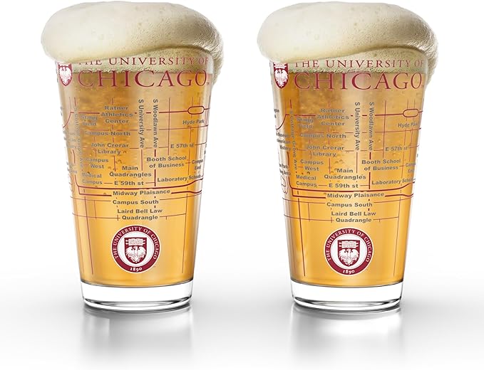 Greenline Goods – University of Chicago Maroons College Pint Beer Glasses (Set of 2), 16 oz – Full-Color Logo + Campus Map