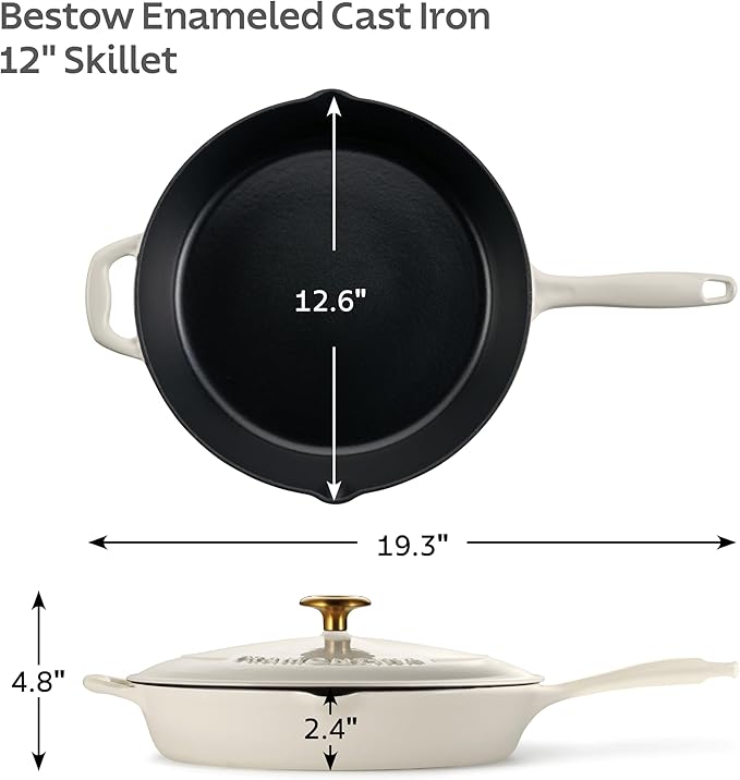 Tramontina Bestow Enameled Cast Iron Skillet with Lid, 12-inch Frying Pan, Latte with Gold Knob
