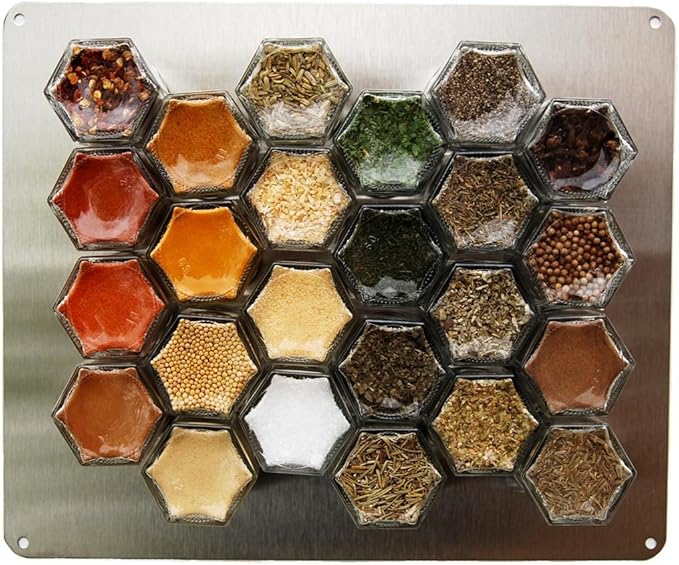Gneiss Spice DIY Wall Hanging Magnetic Spice Rack (24 Small Jars, Silver Lids, 10x12 Stainless Plate)