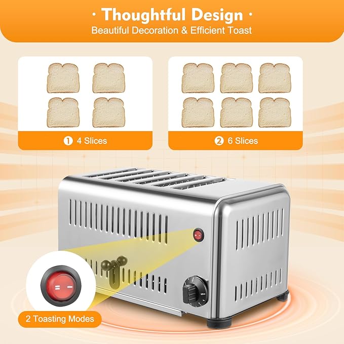 6 Slice Toaster 1.1in Wide Slot, Commercial Toaster with 2 Toasting Modes(4 or 6 Slices), 201 Stainless Steel Bread Baking Machine for Various Toast Types, 1680W 110V