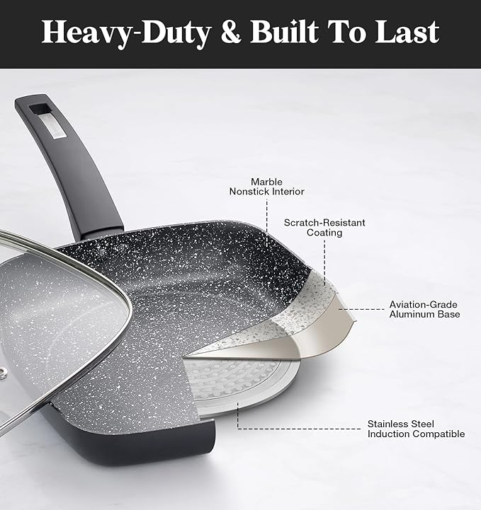 KOCH SYSTEME CS 9.5 Inch Nonstick Grill Pan for Stove Tops, Marble Coating Square Grill Skillet with Lid, Fry Pan Compatible with all Stoves, Ultimate Nonstick Skillet with Bakelite Handle, Toxic-Free