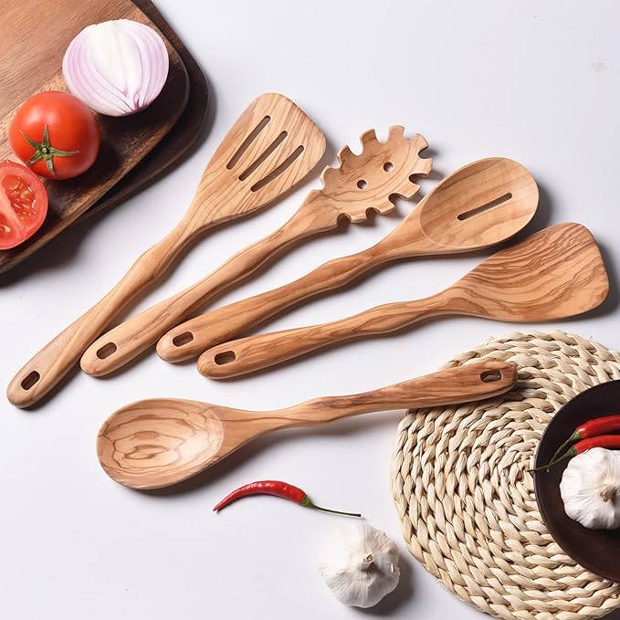 Gudamaye 12 inch Olive Wooden Utensils for Cooking, Long Handle Wooden Spoons for Cooking, 6 PCES Crafting Wooden Spoon Set, Wooden Kitchen Utensil set, Natural Olive Wood utensil Set