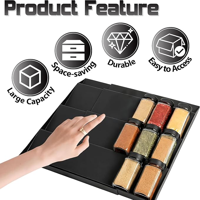 Spice Drawer Organizer, 4 Tier- 2 Pack Drawer Seasoning Organizers, Kitchen Spice Rack Tray Expandable From 12" to 24", Black Spice Rack Insert for Cabinet Countertop(Jars Not Included)