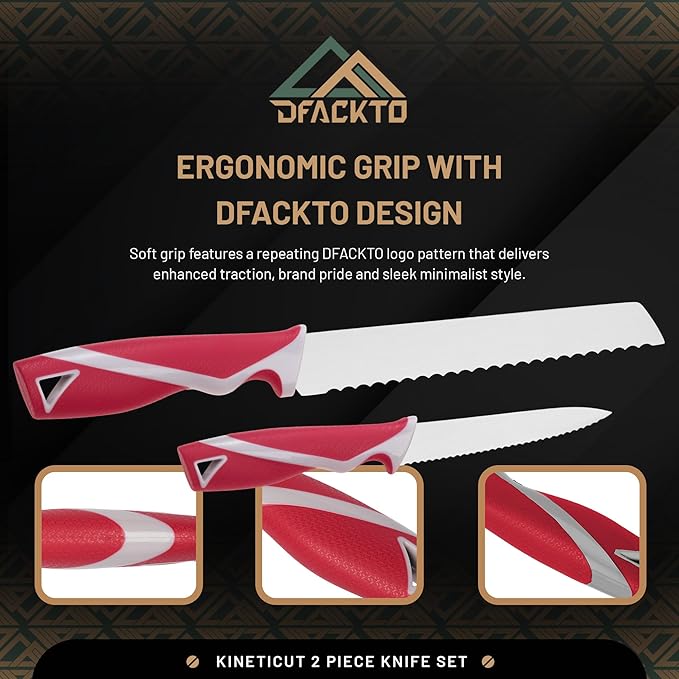 DFACKTO 2-Piece Serrated Knife Set – Stainless Steel Kitchen Cooking Knives w/Protective Covers, Dishwasher Safe, No Block, Sharp Cutlery for Slicing Bread, Cooking Fruit & Steak w/Sheath - Magenta