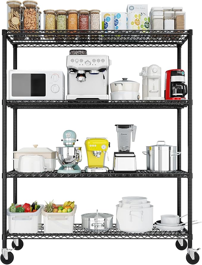 Karl home Heavy Duty 4-Tier Storage Shelving with 4" Wheels, Adjustable NSF Metal Shelves Wire Storage Rack for Garage Kitchen Basement,2500LBS Capacity 75.59" H X 55.12" W X 23.62" D,Black
