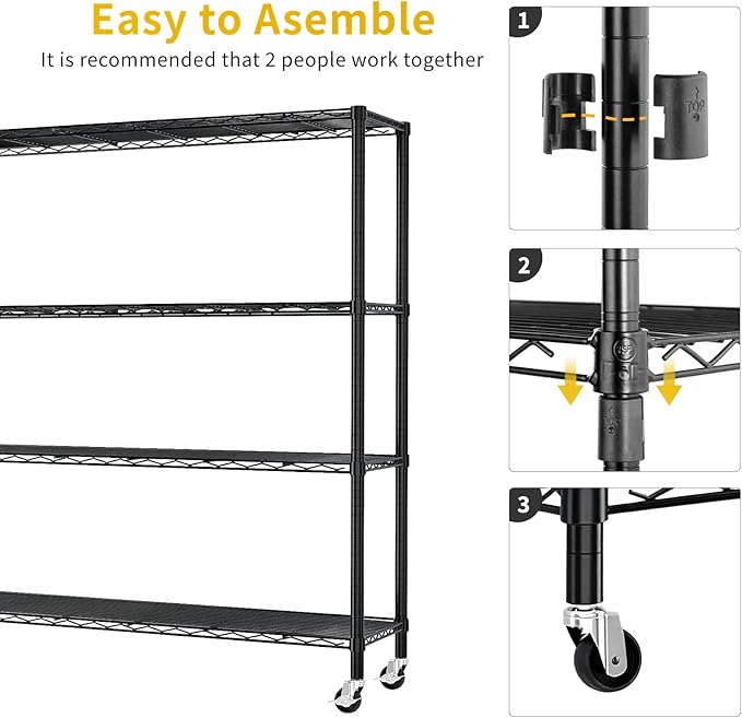 Karl home 4-Tier Adjustable Metal Storage Shelves, Wire Shelving Unit with Wheels & Leveling Feet, Heavy Duty Garage Shelving, Pantry & Kitchen Display Shelf Organizer, Home Storage Rack