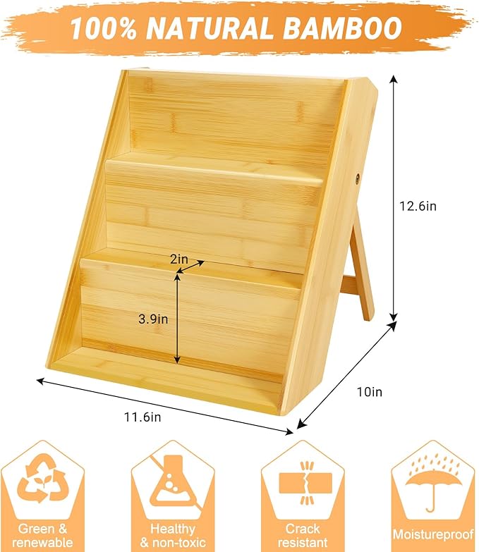 Bamboo Spice Rack Organizer, 3 Tier Folding Spice Shelf for Cabinet, Drawer or Countertop
