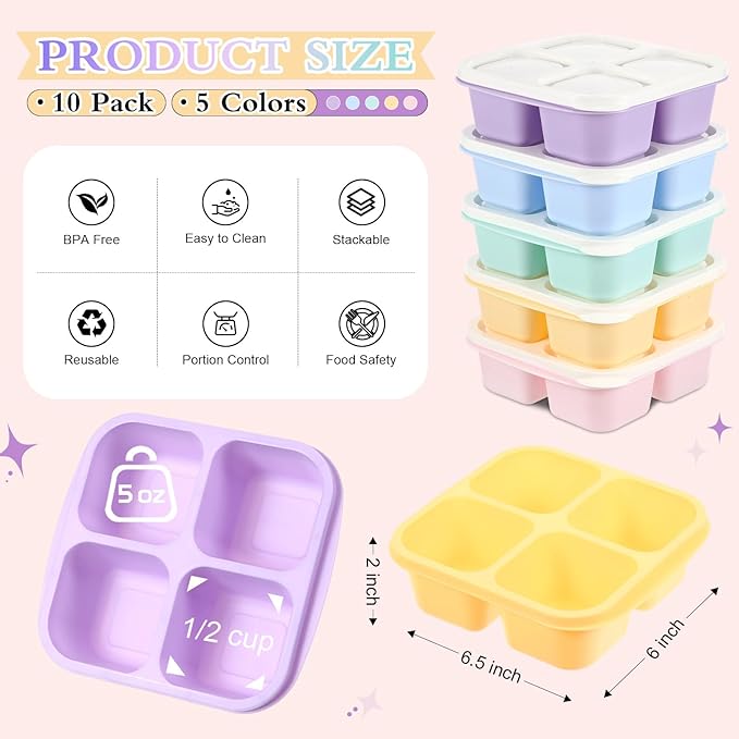 Honeydak 10 Pack Bento Snack Containers 4 Compartment Snack Boxes Reusable Lunchable Containers with Lids Divided Meal Prep Lunch Food Storage Box for School Work Travel