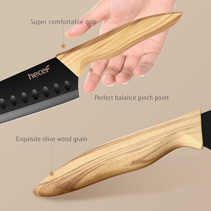 hecef Vintage Kitchen Knife Set of 6, Dishwasher Safe, Sharp Knives with Stainless Steel Blade, Lightweight Handle, Non-stick Coating Set Includes 7", 5", 3.5" Knives