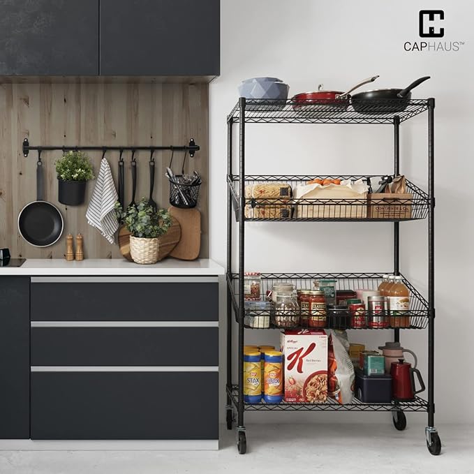 CAPHAUS NSF Commercial Heavy Duty 4 Tier Wire Shelving w/Two Rectangle Baskets, Wheels, Leveling Feet, Storage Metal Shelf, Basement Garage Shelving, Utility Wire Rack Storage Black