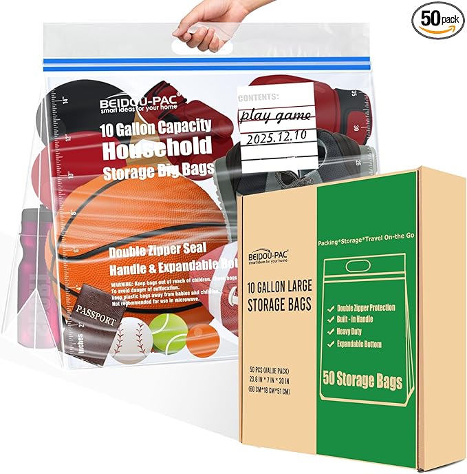 10 Gallon Large Storage Bags with Handle, 50 Counts | Double Zipper Seal | Expandable Bottom, Resealable Clear zip Bags for Home, Travel, Moving Commercial and Outdoor