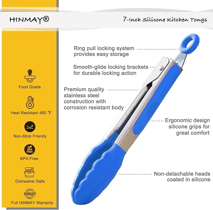 Small Tongs with Silicone Tips 7-Inch Serving Tongs, Set of 3 (Blue)