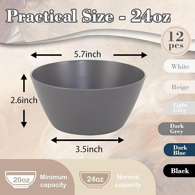 supernal 12PCS Dark Grey Wheat Straw & Hard Plastic Bowls - Reusable Soup Bowls,Unbreakable Fridge/Dishwasher Safe Bowl for Catering,Hot Food,Holiday Meals,Cereal,Ramen (Disposable Snack Bowl)