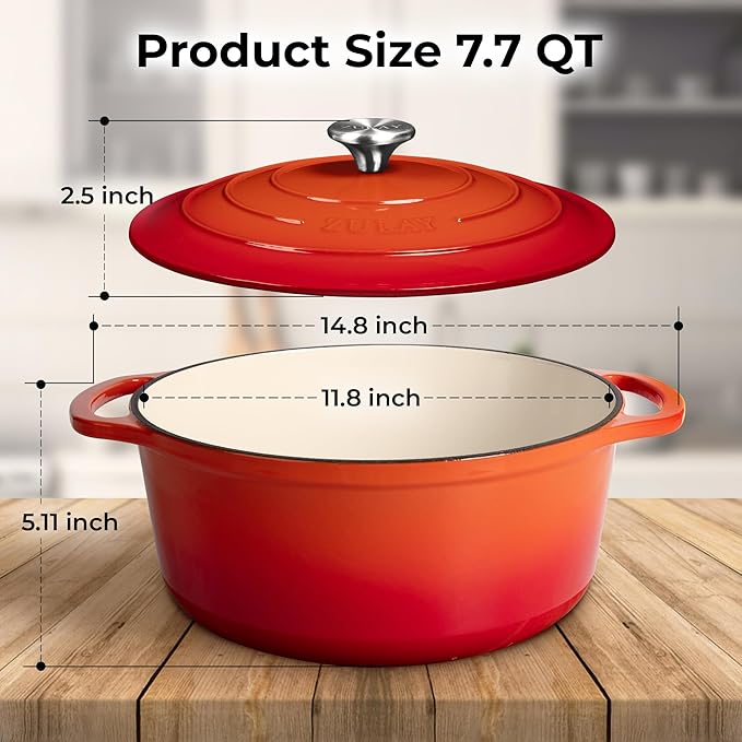Zulay Kitchen 7.7 Quart Enameled Cast Iron Dutch Oven Pot with Lid – Premium Durability & Oven Safe up to 500°F – Heavy Duty Cookware Perfect for Bread Baking, Stews, Braising & Roasting – Orange