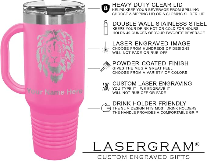 LaserGram 40oz Vacuum Insulated Travel Mug with Handle, Sushi, Personalized Engraving Included (Pink)