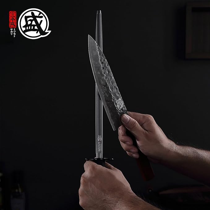 MITSUMOTO SAKARI 10 Inch Knife Sharpener Rod, Round Honing Rod, High Carbon Honing Steel