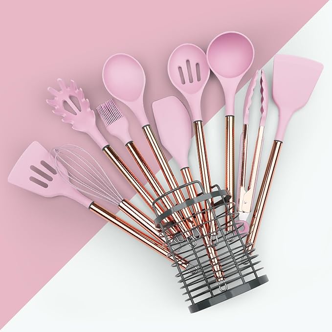 Kitchen Utensil Set with Holder, 22 Pcs Silicone Cooking Utensils Set for Nonstick Cookware, Heat Resistance Spatula Set, Stainless Steel Handle Kitchen Gadgets Utensils Set(Pink)