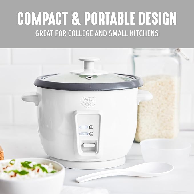 GreenLife Rice Cooker with Removable PFAS-Free Nonstick Pot, 3-Cups Uncooked/6-Cups Cooked, One-Switch Design, Auto Keep Warm Function, Soup, Grains, Oatmeal, Wood Handle, White