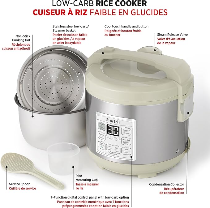Starfrit Low Carb Rice Cooker - 14 Cups - Stainless Steel Low Carb/Steamer Basket - 7 Preset Functions - 500W