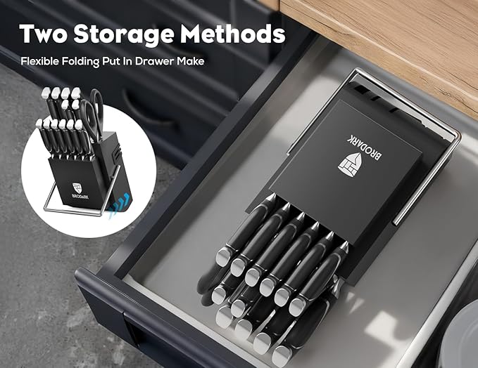 BRODARK Kitchen Knife Set with Block and Sharpener, 15 Pcs Sharp Knives Set for Kitchen, Christmas, Stainless Steel Full Tang Knife Block Set, Ergonomic Handle Professional Chef Kitchen Knives Sets