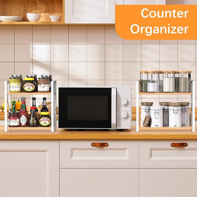 Kitchen-Countertop-Organizer-Shelf, 2 Tier Coffee Bar Station Organizer for Counter,Wooden Spice Rack Shelf, Space Saving Desk Shelving Riser Unit, Coffee Bar Accessories (Maple, Large)