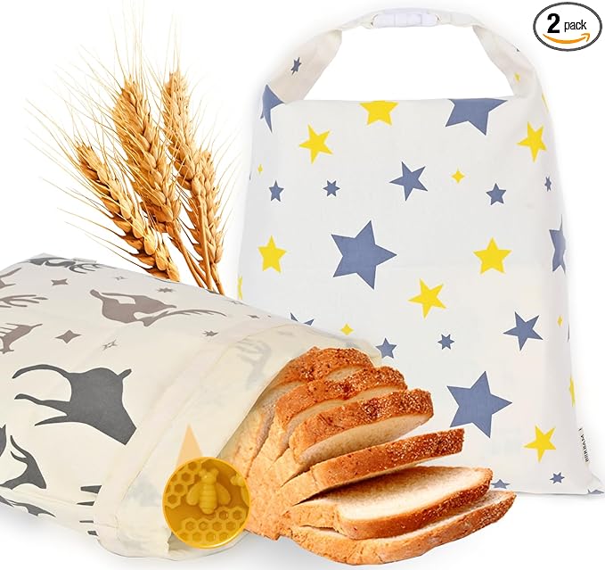 2 Pack Beeswax Bread Bags for Homemade Sourdough Bread - XL Reusable Cotton Food Storage Bags- Eco Friendly Keep Fresh