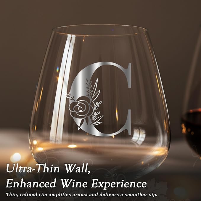 Personalized Crystal Wine Glasses for Women Initial Christmas Xmas Birthday Ideas Friend Gift Female Teacher End Year Best Soul Bestie Unique Appreciation Co Worker Senior Elderly Adult Present,C