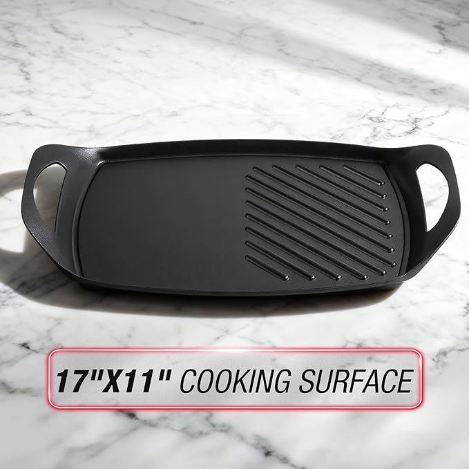 Techwood Dual Burner Griddle Pan – Flat & Grill Sides, PFAS-Free 17"X11" Nonstick Griddle Pan for Indoor/Outdoor Cooking, Dishwasher Safe, Use on Stove, Induction Cooktop, Oven, Campfire, or Gas Grill