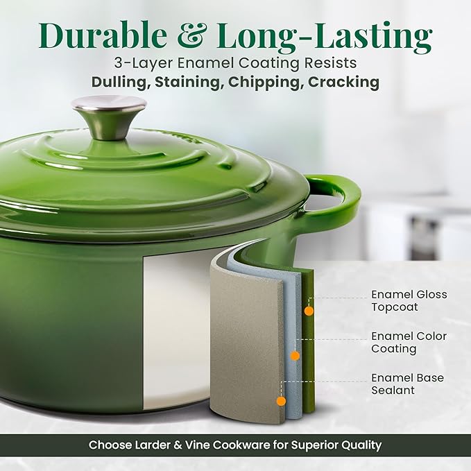 Larder & Vine Enameled Cast Iron 5.7qt Dutch Oven Pot with Lid | Bread Baking | Compatible on All Cooktops & Oven Safe to 500° F | Great for Sourdough Bread | Okra