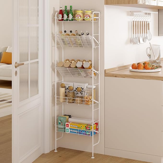 bukfen Behind The Door Organizers,5-Tier Narrow Bathroom Kitchen Shelf,Kitchen Corner Shelf Stand,Wall Storage,Spice Racks,Book Shelf,Behind The Door Storage,Multi Functional Shelf for Home,1 Pack
