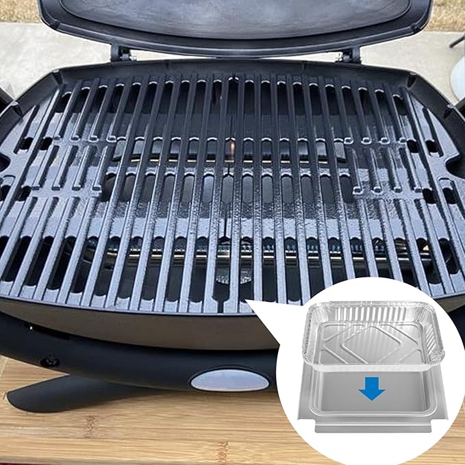 Uniflasy 80346 Catch Pan for Weber Q100 Q1000 Q120 Q140 Q1200 Series Drip Tray for Weber Baby Q Gas Grill with 6415 15pack Aluminum Liner Replacement for Weber 41887