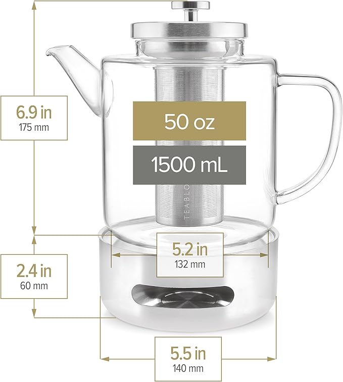 Teabloom Joyful Warmth Teapot with Tea Warmer – 50 oz (6+ Cups) Hand-Blown Borosilicate Glass, Stainless Steel Loose-Leaf Infuser, Heat-Resistant Kettle, Elegant Gift Set for Tea Lovers