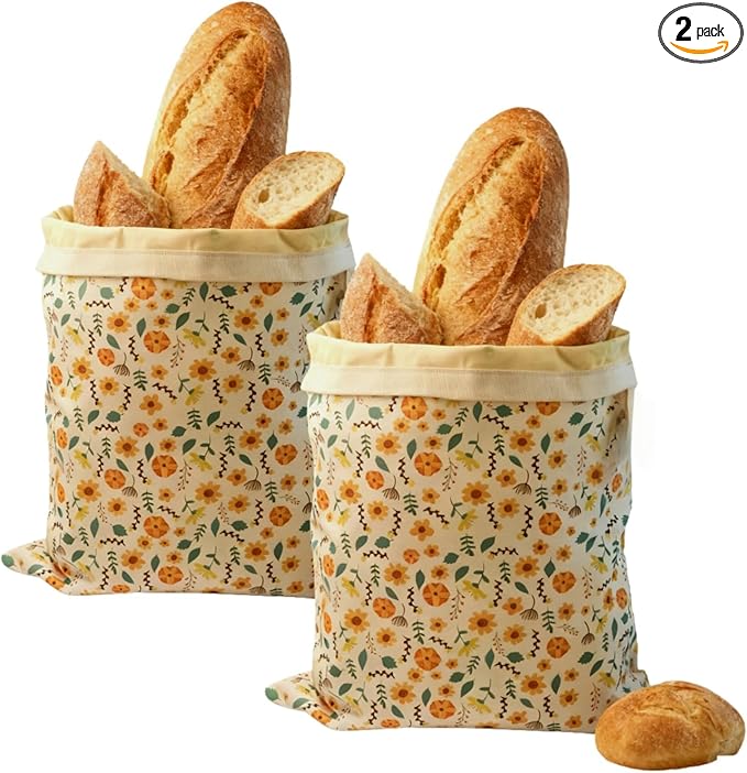 Reusable Beeswax Bread Bags for Homemade Bread Sourdough Loaf 17in x12.9in Large Beeswax Storage Bags farmhouse bread box Cotton Linen Bag 2 Pack Portable Bread Containers (Flower design)