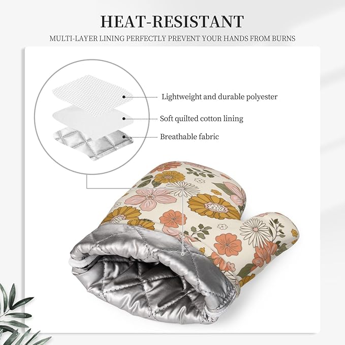 Retro 70s Style Flower Oven Mitts and Pot Holders Set of 4 Silicone Retro Boho Groovy Flower Kitchen Mitten Gloves and Non-Slip Potholders Set Heat Resistant Oven Gloves Hot Holders for BBQ