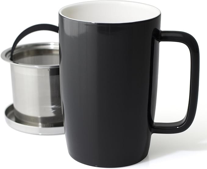 FORLIFE Dew Glossy Finish Brew-In-Mug with Basket Infuser & "Mirror" Stainless Lid 18 oz., Black Graphite