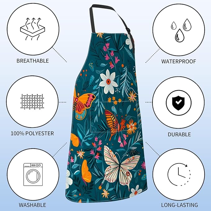 Butterfly Apron for Women with Floral,28x33in,Colorful Kitchen Teal Aprons with 2 Pockets,Oxford Fabric,Flower Adjustable Apron for Cooking Baking Gardening Chef,Gifts for Men Mom Wife