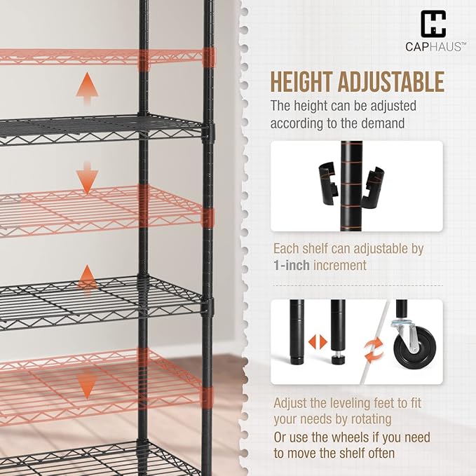 CAPHAUS NSF Commercial Heavy Duty 4 Tier Wire Shelving with Two Trapezoid Baskets, Wheels, Leveling Feet, Black Storage Shelf for Basement Garage and Utility Storage