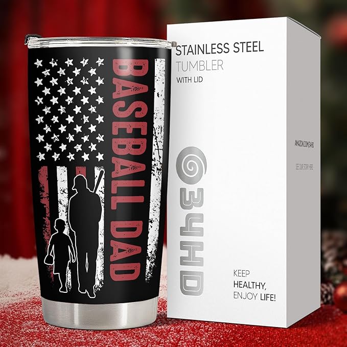 34HD Sport Gifts, Baseball Dad Tumbler with Lid 20 oz Stainless Steel, My Favorite Player Travel Coffee Mug, Baseball Dad Gifts Christmas Gift