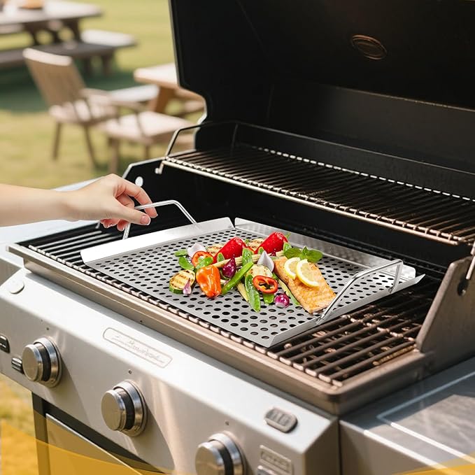 11 x 14 Inch Nonstick Grill Tray with Handles,Perforated Stainless Steel Grill Pans for Outdoor Grill,Heavy Duty Grilling Accessories for Charcoal Gas Grills,Easy to Use and Clean (11 * 14)