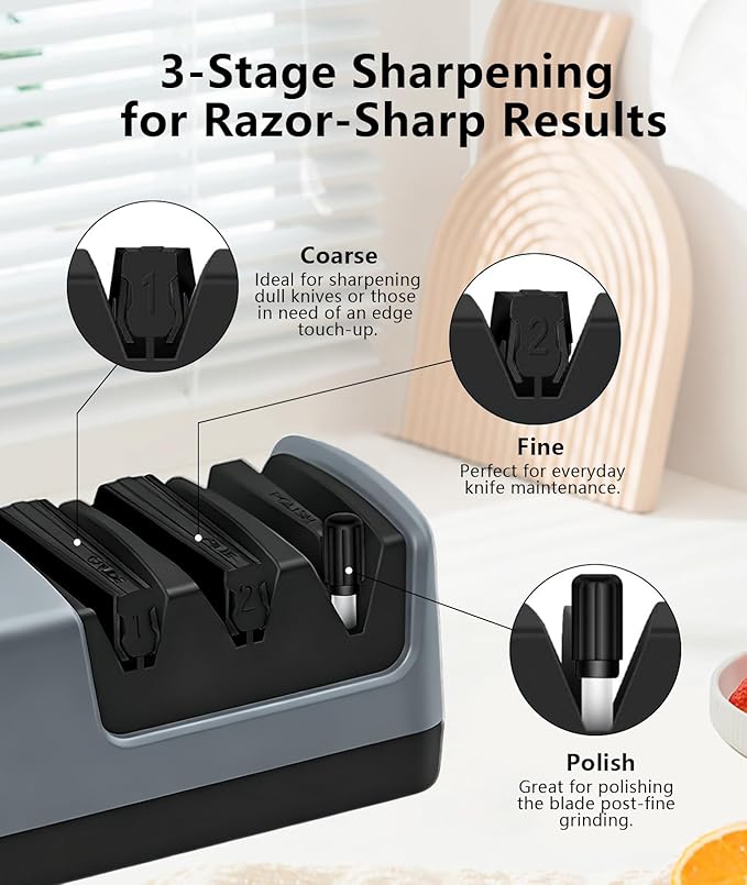 Professional Electric Knife Sharpener – Precision Sharpening for Kitchen Knives, Scissors & More – Diamond Abrasives & 3-Stage System (Grey)