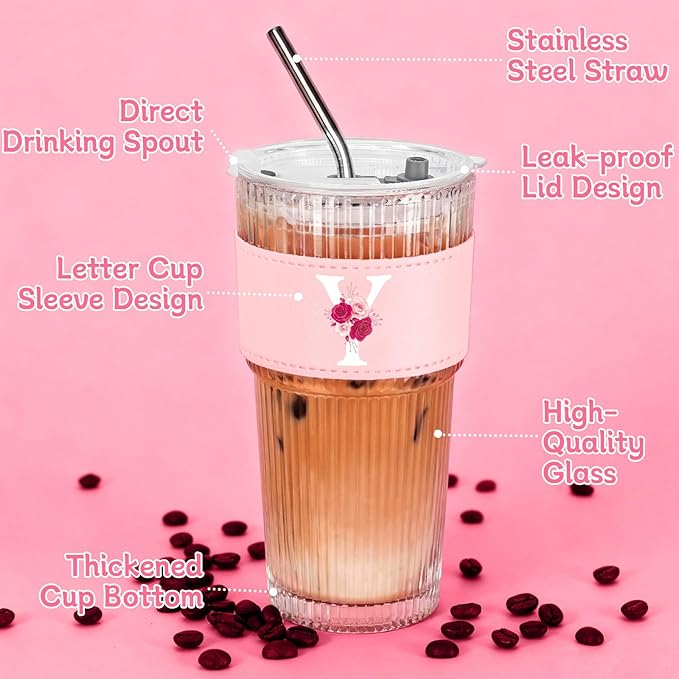 Personalized Gifts for Women,20oz Ribbed Glass Tumbler,Monogrammed Gifts for Women,Birthday Gift,Ice Coffee Mug,Christmas Gift for Mom Sister-Y