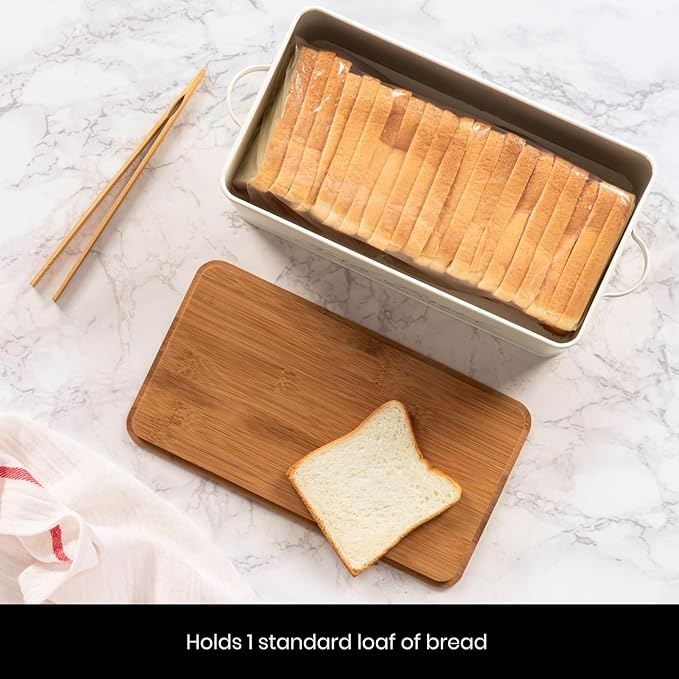 Talented Kitchen Countertop Bread Box - White Metal, Airtight Storage Container with Wood Cutting Board Lid & Side Handles - Wood Tongs Included - Bread Storage Container for Kitchen Organization