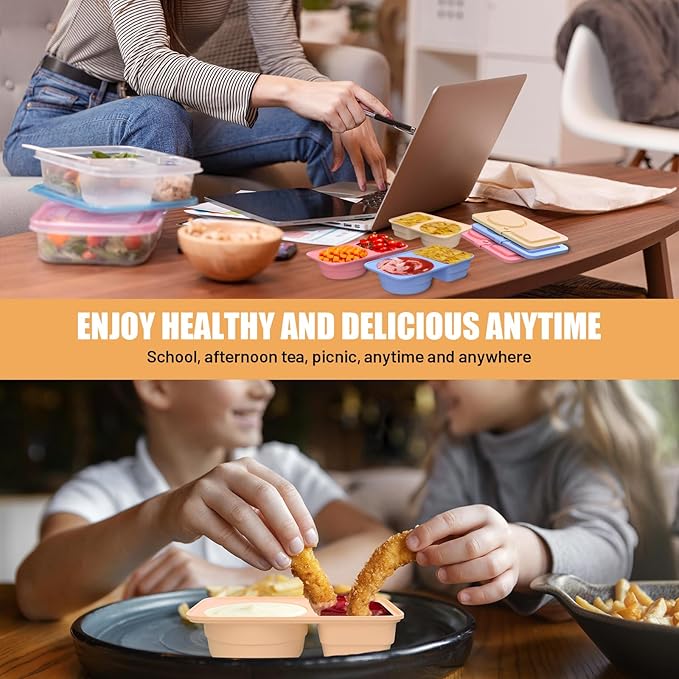 3 Pack Reusable Snack Containers with Lids, Silicone Double Compartment Snack Box Container, Small Mini Snack Pack Containers for Travel, Picnic, Work