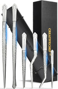 CREATIVECHEF Professional Kitchen Tongs Set - 10-inch Straight and 6.5-inch Offset Food tweezers with 4.5-inch Mini cooking tweezer，High-Hardness Titanium Chef's Tongs for Food Plating，Silver